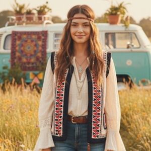 BOHO Artsy Wool Blend Embroidered Vest Women’s SZ S/M– Folk Cottagecore